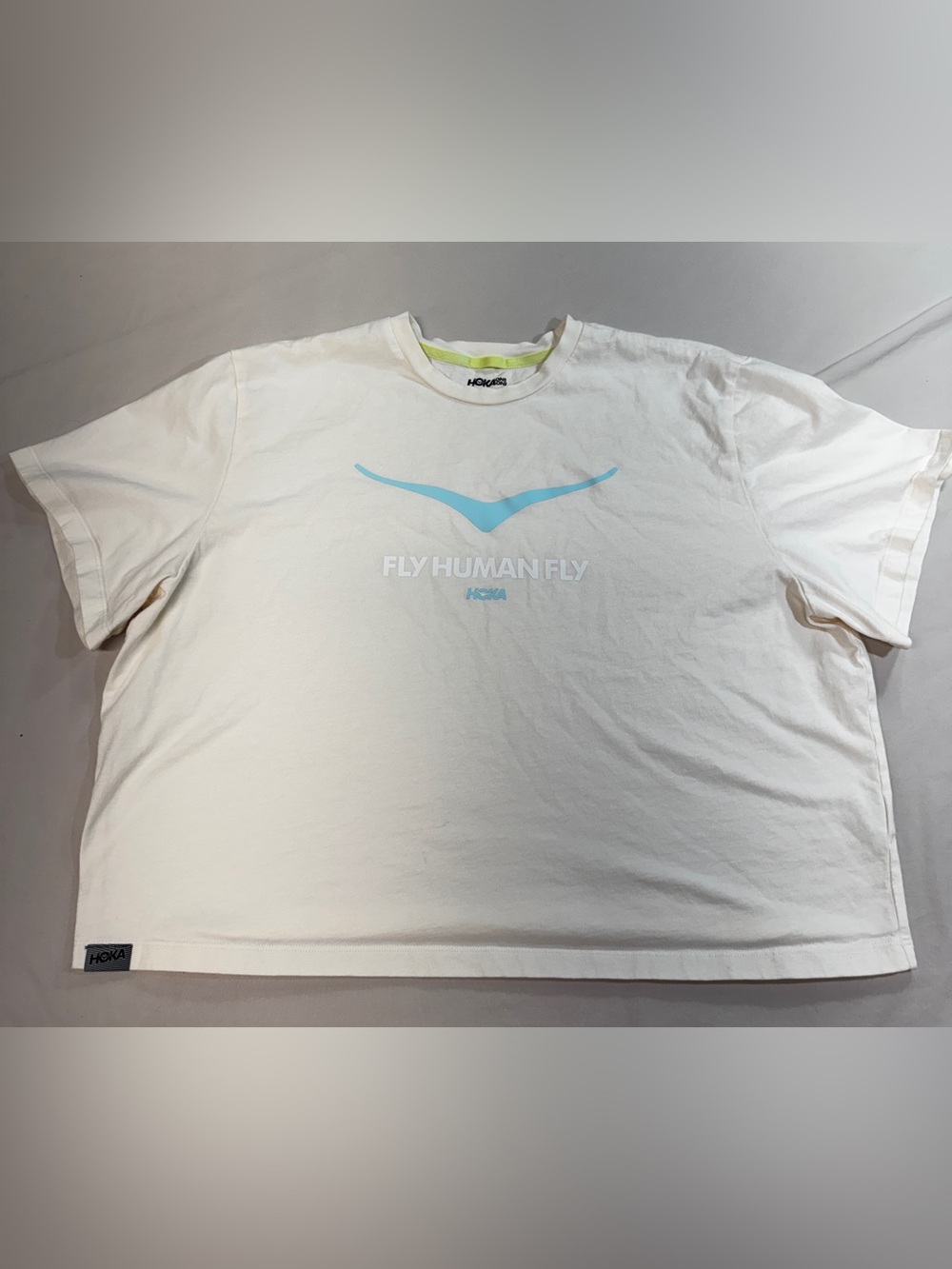 HOKA One One Fly Human Fly Graphic Crop T-Shirt Beige Boxy Tee Large
